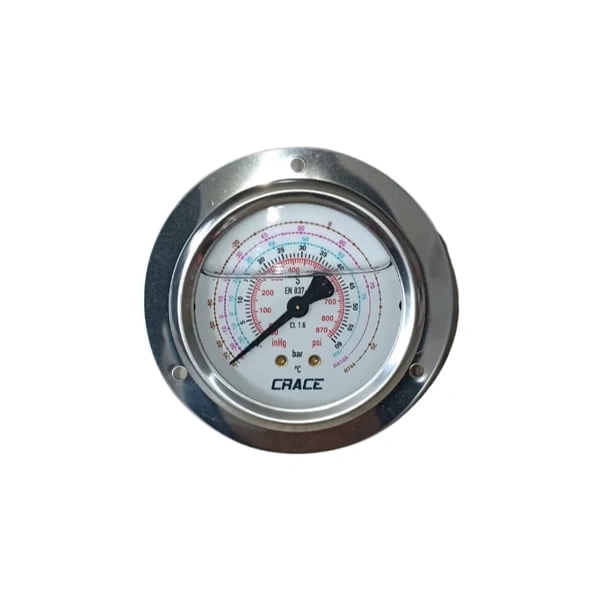 Crace RING-63-M1-16-01 Nieder-Druck Anschluss unten mit Flansch glyzeringefüllt Manometer R407C/R-134A/R-404A